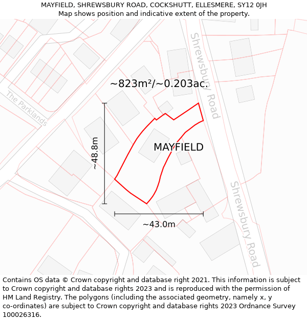 MAYFIELD, SHREWSBURY ROAD, COCKSHUTT, ELLESMERE, SY12 0JH: Plot and title map