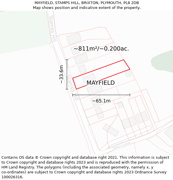 MAYFIELD, STAMPS HILL, BRIXTON, PLYMOUTH, PL8 2DB: Plot and title map