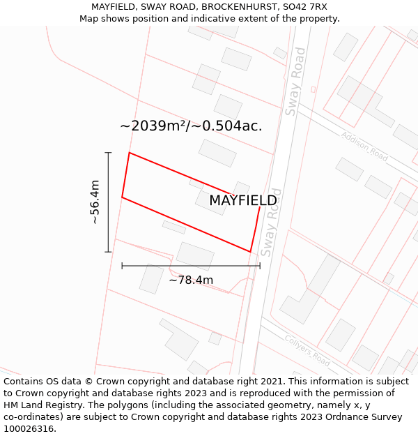 MAYFIELD, SWAY ROAD, BROCKENHURST, SO42 7RX: Plot and title map