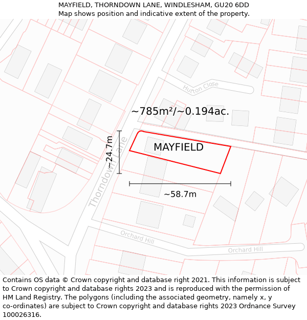 MAYFIELD, THORNDOWN LANE, WINDLESHAM, GU20 6DD: Plot and title map