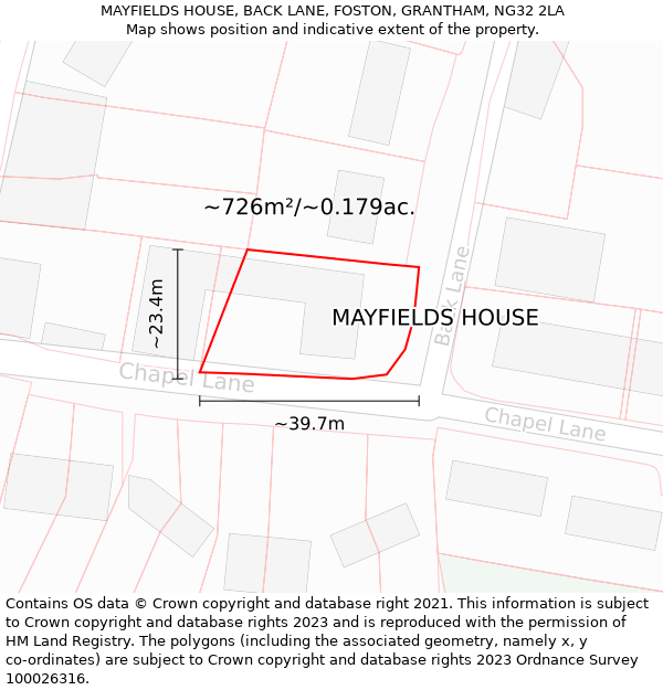 MAYFIELDS HOUSE, BACK LANE, FOSTON, GRANTHAM, NG32 2LA: Plot and title map