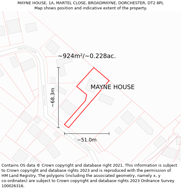MAYNE HOUSE, 1A, MARTEL CLOSE, BROADMAYNE, DORCHESTER, DT2 8PL: Plot and title map
