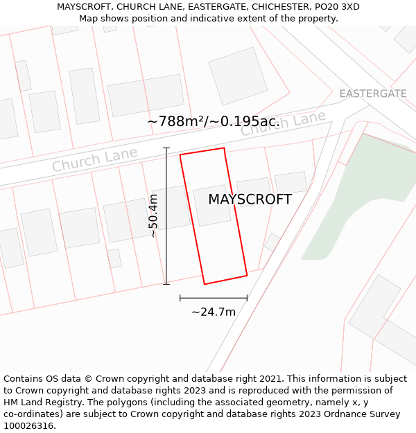 MAYSCROFT, CHURCH LANE, EASTERGATE, CHICHESTER, PO20 3XD: Plot and title map