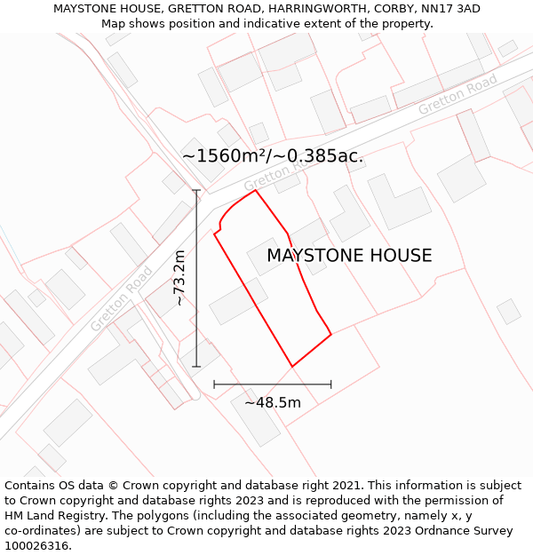 MAYSTONE HOUSE, GRETTON ROAD, HARRINGWORTH, CORBY, NN17 3AD: Plot and title map