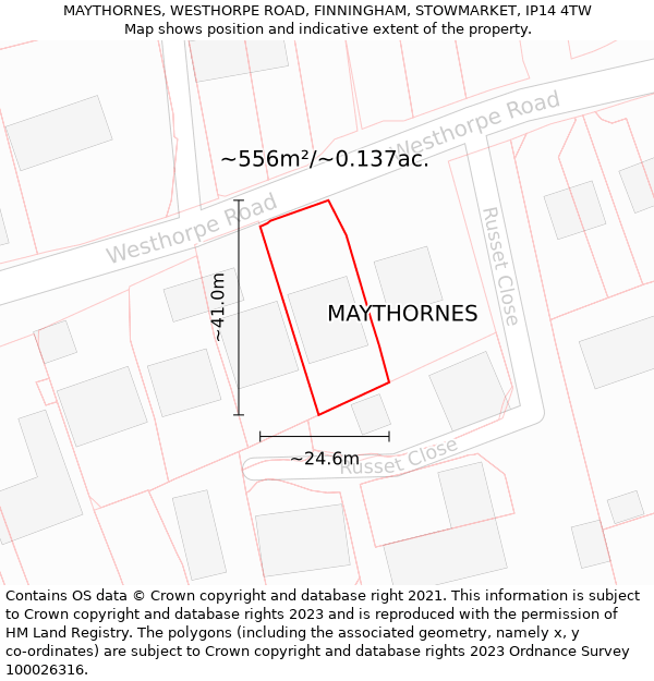 MAYTHORNES, WESTHORPE ROAD, FINNINGHAM, STOWMARKET, IP14 4TW: Plot and title map