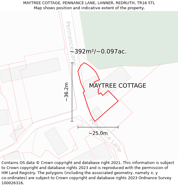 MAYTREE COTTAGE, PENNANCE LANE, LANNER, REDRUTH, TR16 5TL: Plot and title map