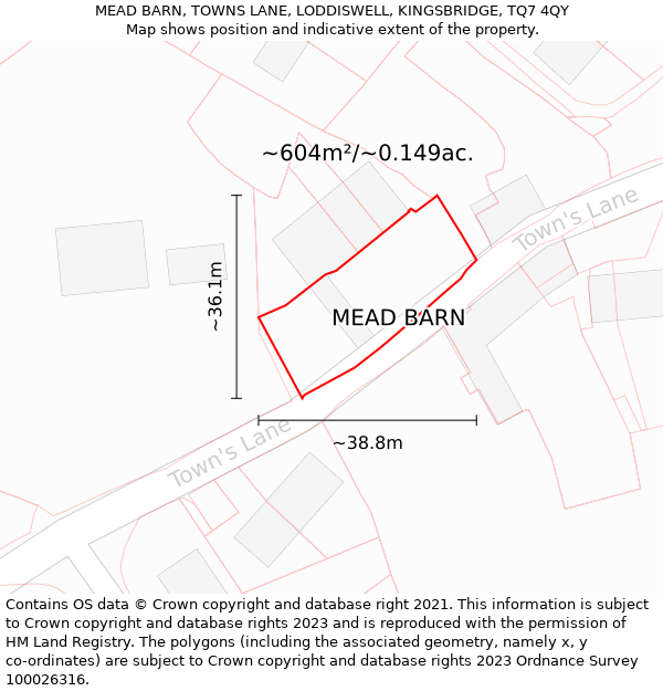 MEAD BARN, TOWNS LANE, LODDISWELL, KINGSBRIDGE, TQ7 4QY: Plot and title map
