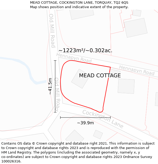 MEAD COTTAGE, COCKINGTON LANE, TORQUAY, TQ2 6QS: Plot and title map