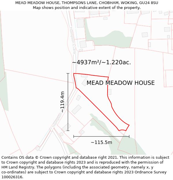 MEAD MEADOW HOUSE, THOMPSONS LANE, CHOBHAM, WOKING, GU24 8SU: Plot and title map