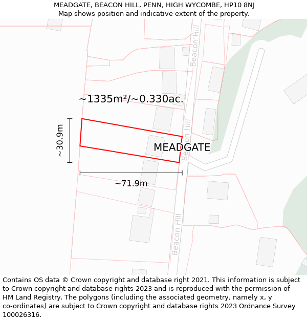 MEADGATE, BEACON HILL, PENN, HIGH WYCOMBE, HP10 8NJ: Plot and title map