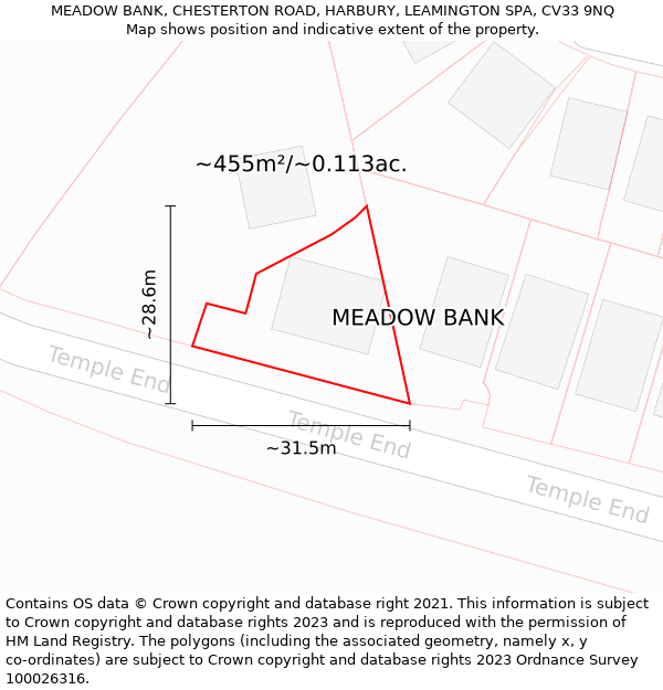 MEADOW BANK, CHESTERTON ROAD, HARBURY, LEAMINGTON SPA, CV33 9NQ: Plot and title map