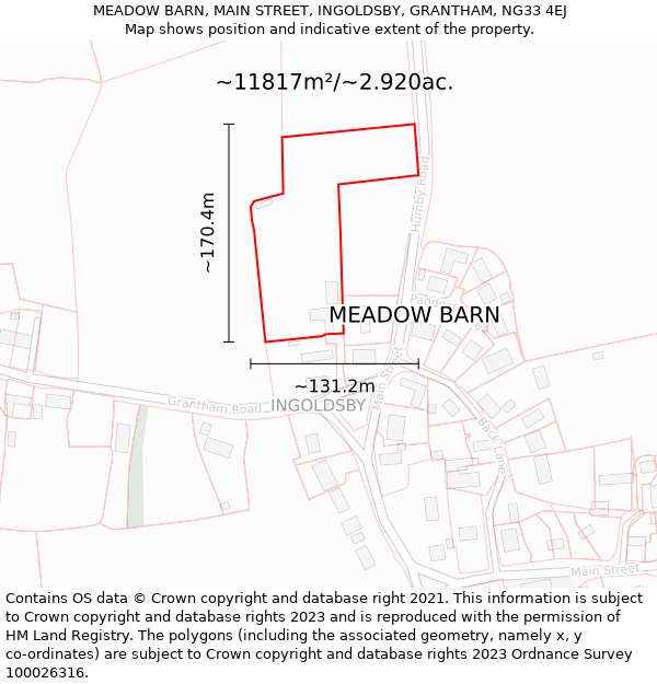 MEADOW BARN, MAIN STREET, INGOLDSBY, GRANTHAM, NG33 4EJ: Plot and title map