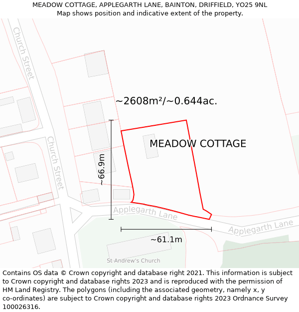 MEADOW COTTAGE, APPLEGARTH LANE, BAINTON, DRIFFIELD, YO25 9NL: Plot and title map