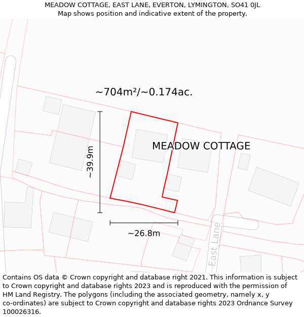 MEADOW COTTAGE, EAST LANE, EVERTON, LYMINGTON, SO41 0JL: Plot and title map