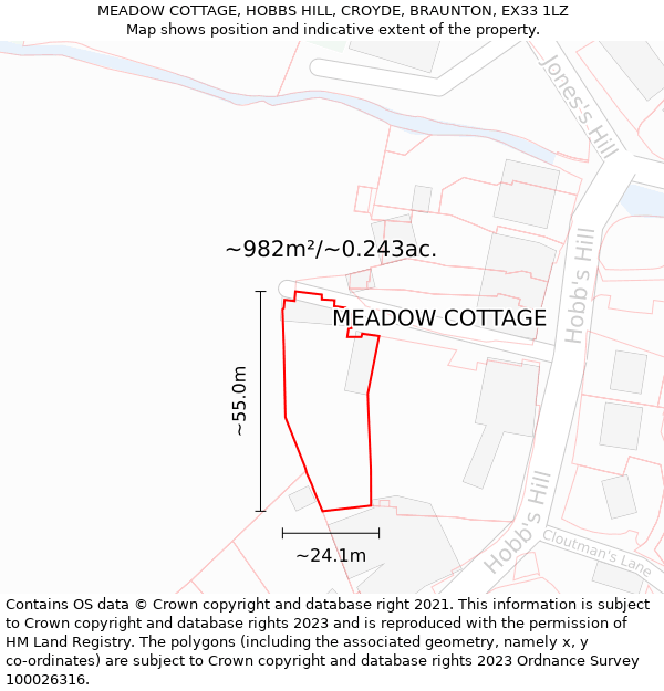 MEADOW COTTAGE, HOBBS HILL, CROYDE, BRAUNTON, EX33 1LZ: Plot and title map