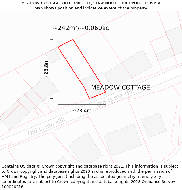 MEADOW COTTAGE, OLD LYME HILL, CHARMOUTH, BRIDPORT, DT6 6BP: Plot and title map