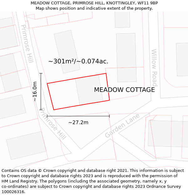 MEADOW COTTAGE, PRIMROSE HILL, KNOTTINGLEY, WF11 9BP: Plot and title map