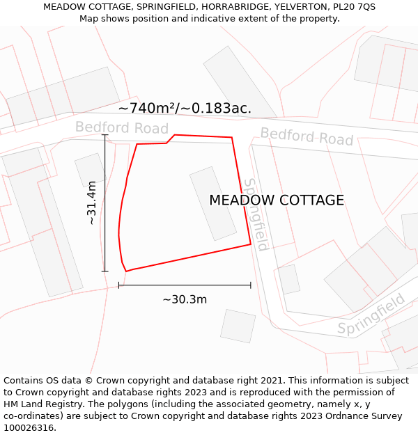 MEADOW COTTAGE, SPRINGFIELD, HORRABRIDGE, YELVERTON, PL20 7QS: Plot and title map
