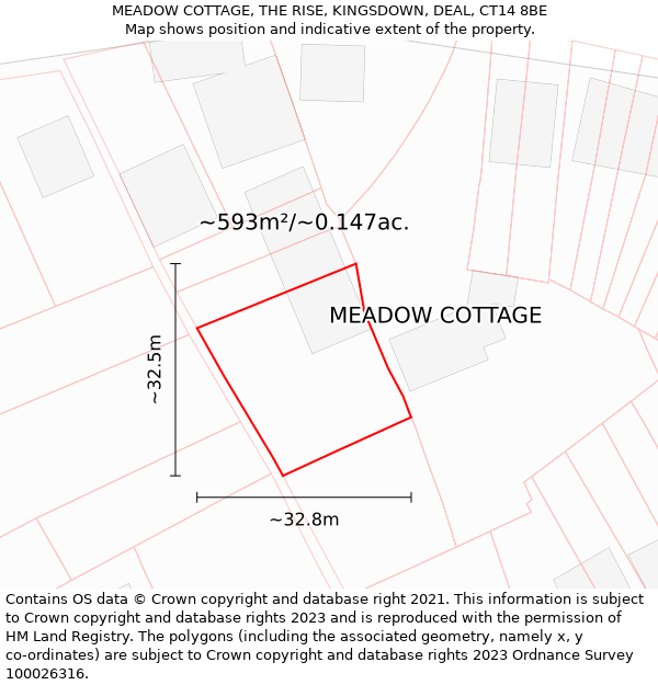 MEADOW COTTAGE, THE RISE, KINGSDOWN, DEAL, CT14 8BE: Plot and title map