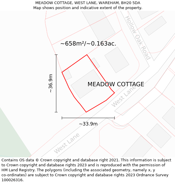 MEADOW COTTAGE, WEST LANE, WAREHAM, BH20 5DA: Plot and title map