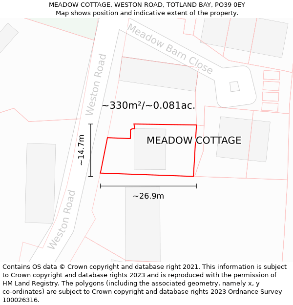MEADOW COTTAGE, WESTON ROAD, TOTLAND BAY, PO39 0EY: Plot and title map
