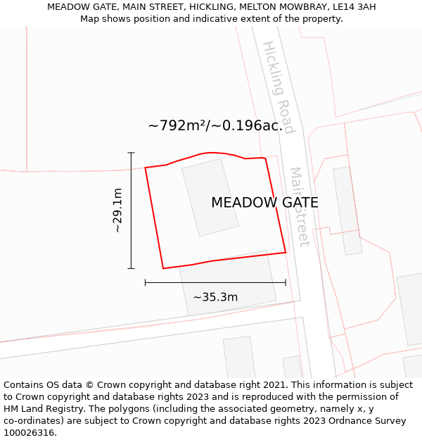MEADOW GATE, MAIN STREET, HICKLING, MELTON MOWBRAY, LE14 3AH: Plot and title map
