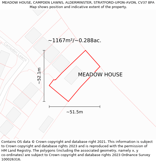 MEADOW HOUSE, CAMPDEN LAWNS, ALDERMINSTER, STRATFORD-UPON-AVON, CV37 8PA: Plot and title map