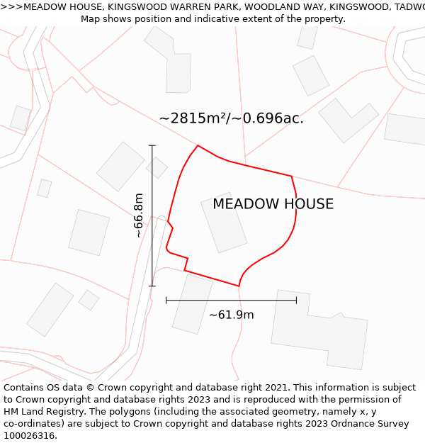 MEADOW HOUSE, KINGSWOOD WARREN PARK, WOODLAND WAY, KINGSWOOD, TADWORTH, KT20 6AD: Plot and title map