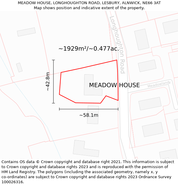 MEADOW HOUSE, LONGHOUGHTON ROAD, LESBURY, ALNWICK, NE66 3AT: Plot and title map