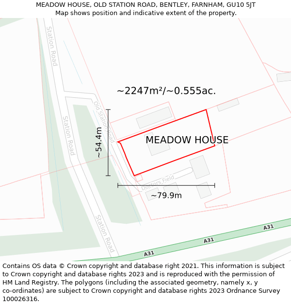 MEADOW HOUSE, OLD STATION ROAD, BENTLEY, FARNHAM, GU10 5JT: Plot and title map