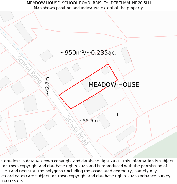 MEADOW HOUSE, SCHOOL ROAD, BRISLEY, DEREHAM, NR20 5LH: Plot and title map