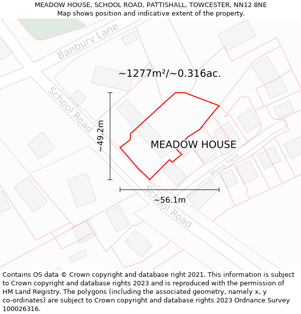 MEADOW HOUSE, SCHOOL ROAD, PATTISHALL, TOWCESTER, NN12 8NE: Plot and title map