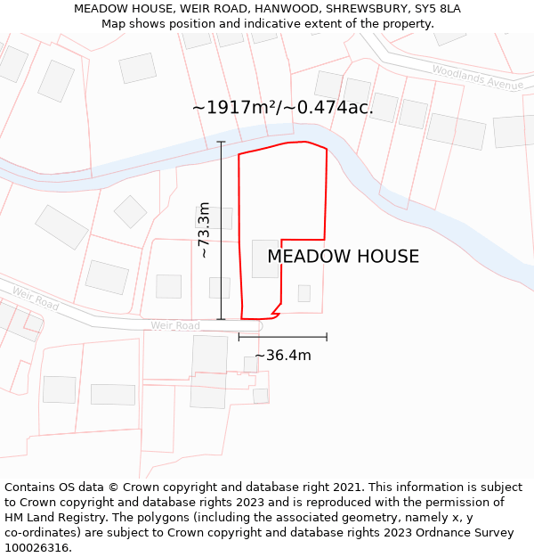 MEADOW HOUSE, WEIR ROAD, HANWOOD, SHREWSBURY, SY5 8LA: Plot and title map