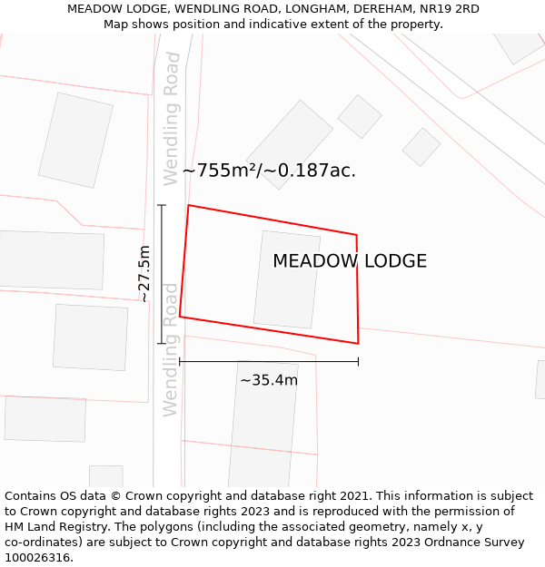 MEADOW LODGE, WENDLING ROAD, LONGHAM, DEREHAM, NR19 2RD: Plot and title map