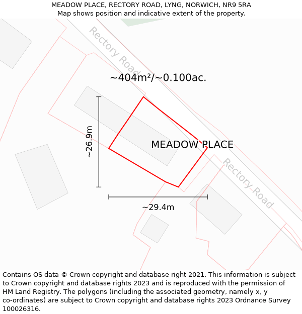 MEADOW PLACE, RECTORY ROAD, LYNG, NORWICH, NR9 5RA: Plot and title map