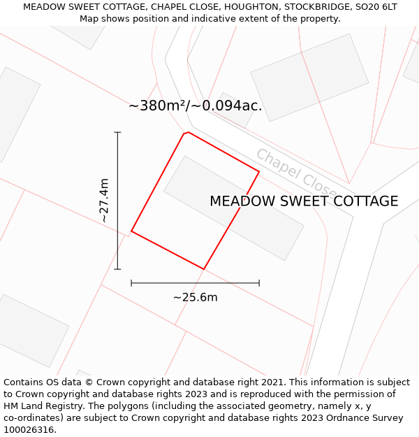 MEADOW SWEET COTTAGE, CHAPEL CLOSE, HOUGHTON, STOCKBRIDGE, SO20 6LT: Plot and title map