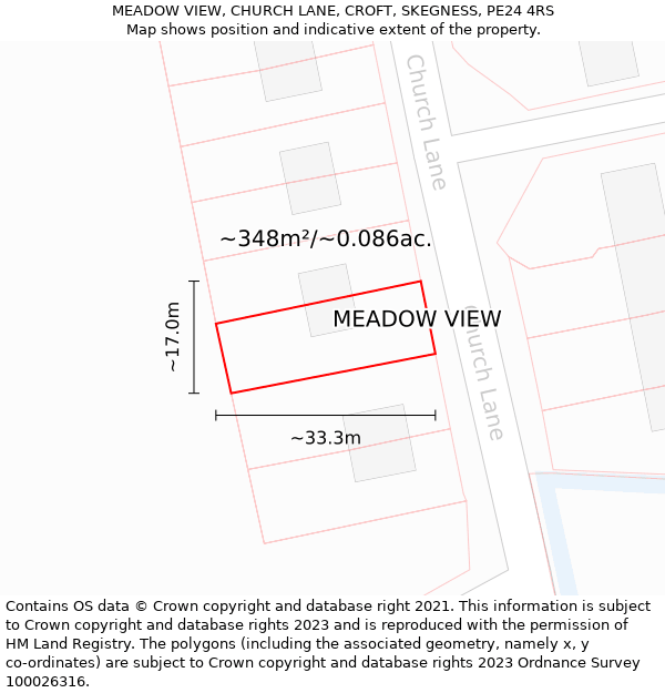 MEADOW VIEW, CHURCH LANE, CROFT, SKEGNESS, PE24 4RS: Plot and title map