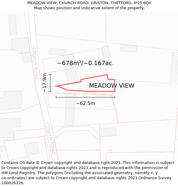 MEADOW VIEW, CHURCH ROAD, GRISTON, THETFORD, IP25 6QA: Plot and title map