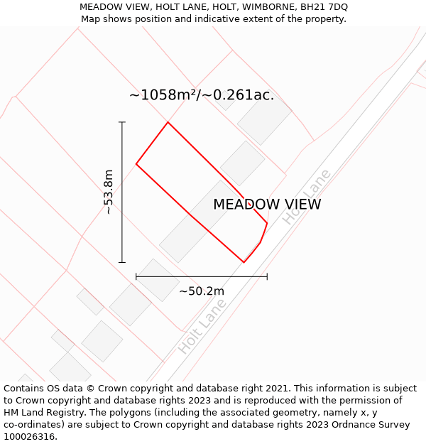 MEADOW VIEW, HOLT LANE, HOLT, WIMBORNE, BH21 7DQ: Plot and title map