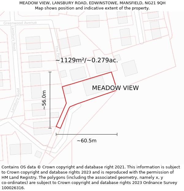 MEADOW VIEW, LANSBURY ROAD, EDWINSTOWE, MANSFIELD, NG21 9QH: Plot and title map