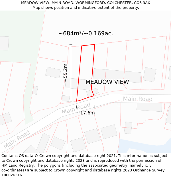 MEADOW VIEW, MAIN ROAD, WORMINGFORD, COLCHESTER, CO6 3AX: Plot and title map