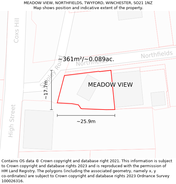 MEADOW VIEW, NORTHFIELDS, TWYFORD, WINCHESTER, SO21 1NZ: Plot and title map