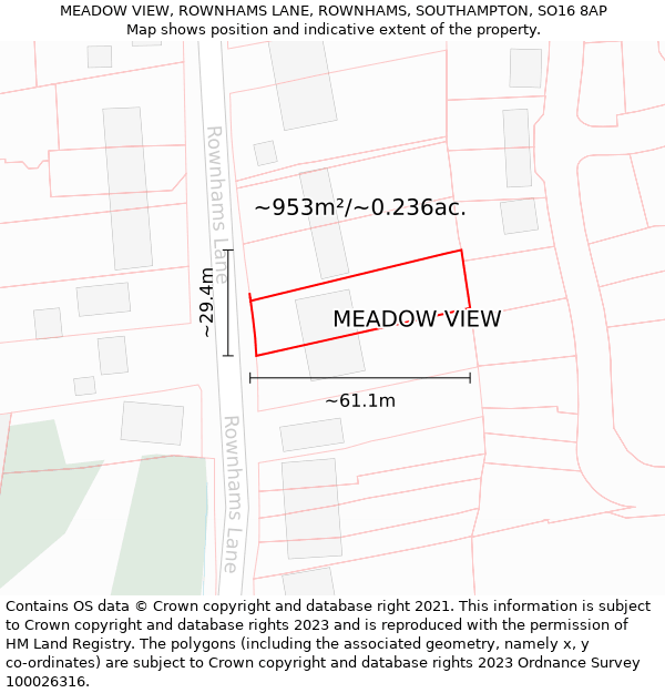 MEADOW VIEW, ROWNHAMS LANE, ROWNHAMS, SOUTHAMPTON, SO16 8AP: Plot and title map