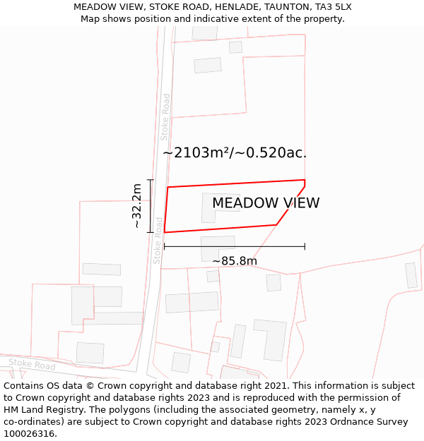 MEADOW VIEW, STOKE ROAD, HENLADE, TAUNTON, TA3 5LX: Plot and title map