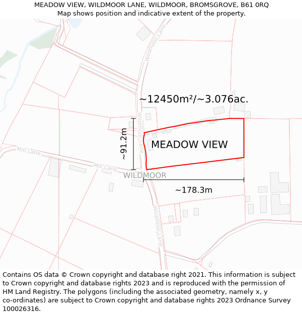 MEADOW VIEW, WILDMOOR LANE, WILDMOOR, BROMSGROVE, B61 0RQ: Plot and title map