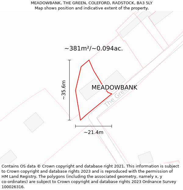 MEADOWBANK, THE GREEN, COLEFORD, RADSTOCK, BA3 5LY: Plot and title map