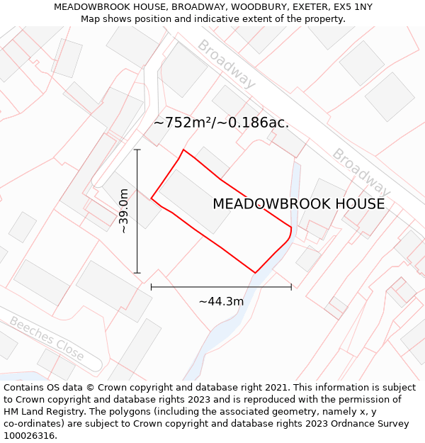 MEADOWBROOK HOUSE, BROADWAY, WOODBURY, EXETER, EX5 1NY: Plot and title map