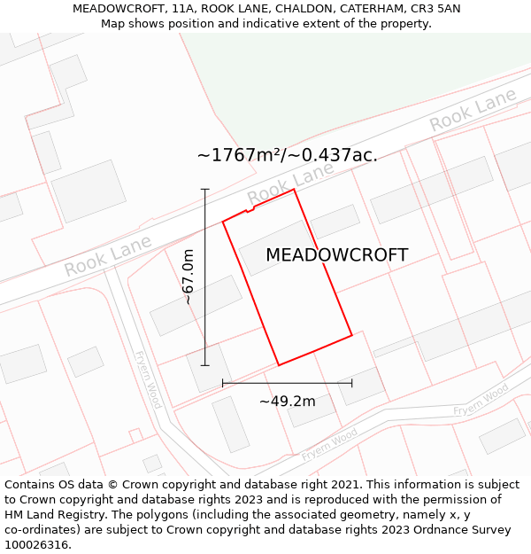 MEADOWCROFT, 11A, ROOK LANE, CHALDON, CATERHAM, CR3 5AN: Plot and title map