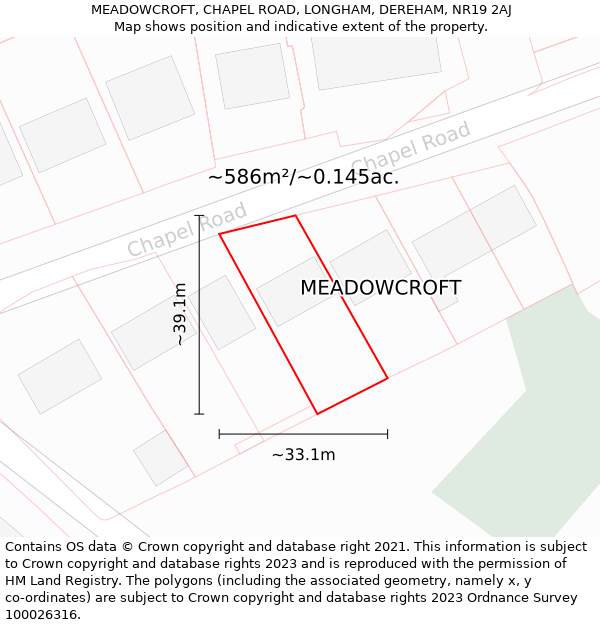 MEADOWCROFT, CHAPEL ROAD, LONGHAM, DEREHAM, NR19 2AJ: Plot and title map