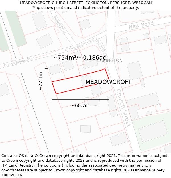 MEADOWCROFT, CHURCH STREET, ECKINGTON, PERSHORE, WR10 3AN: Plot and title map